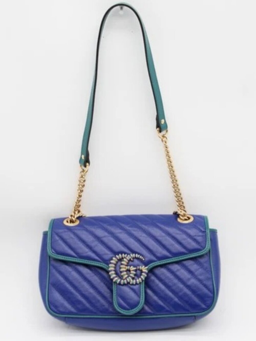 Gucci Azalea Calfskin Enamel Matelasse Diagonal Small Torchon GG Marmont Bag